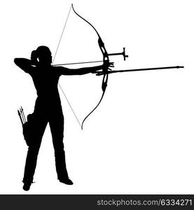 Silhouette attractive female archer bending a bow and aiming in the target. Silhouette attractive female archer bending a bow and aiming in the target.