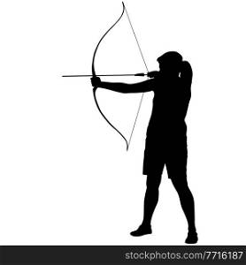 Silhouette attractive female archer bending a bow and aiming in the target.