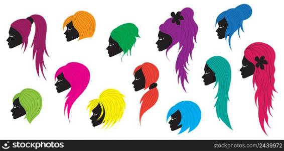 Silhouette avatar beautiful girls with different colorful hairstyles set collection. Vector illustration.