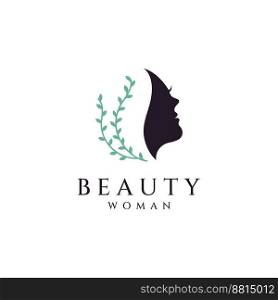 Silhouette beautiful woman face with leaves, logo for women’s salon and skincare.