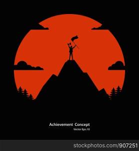 Silhouette businessman of successful. Businessman holding flag and trophy standing on the top of mountain. Achievement, Career, Success concept, Vector illustration flat