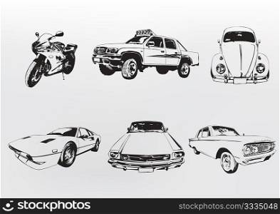 Silhouette cars. Vector illustration of old vintage custom collector&acute;s cars and motorcycle