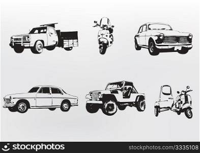 Silhouette cars. Vector illustration of old vintage custom collector&acute;s cars and motorcycle