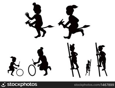 Silhouette children play game,stand the bowl or Legs tho The ash bowl a leg banana horse and hit wheel roll,Thai ancient play ,vector illustration
