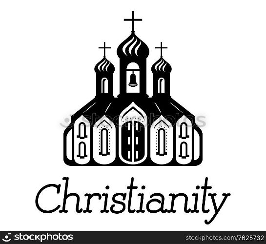 Silhouette christian Temple icon with the front facade, windows and the text - Christianity ? beneath, isolated drawing on white background