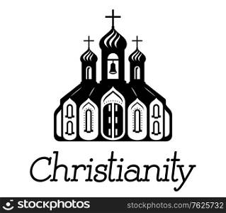 Silhouette christian Temple icon with the front facade, windows and the text - Christianity ? beneath, isolated drawing on white background