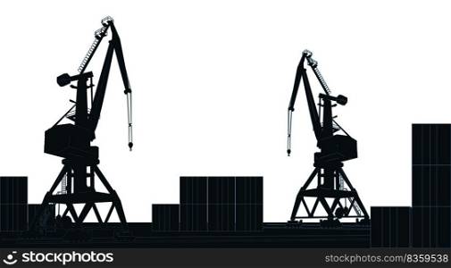 Silhouette commercial cargo port with cranes and containers isolated on white background. Vector illustration.. Silhouette commercial cargo port with cranes and containers isolated on white background.