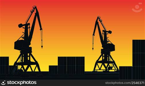 Silhouette commercial cargo port with cranes and containers on background sunset sky. Vector illustration.. Silhouette commercial cargo port with cranes and containers on background sunset sky.