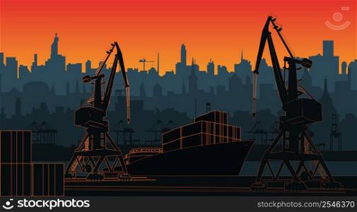 Silhouette commercial port with container ship at the pier and cargo cranes, city skyline on background with sunset. Cityscape and cargo port with cranes. Layers for parallax. Vector illustration.. Silhouette commercial port with container ship at the pier and cargo cranes, city skyline on background with sunset. Cityscape and cargo port with cranes. Layers for parallax.