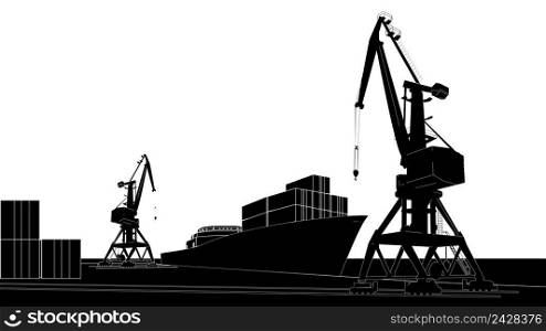 Silhouette commercial port with container ship at the pier and cargo cranes. Vector illustration.. Silhouette commercial port with container ship at the pier and cargo cranes.