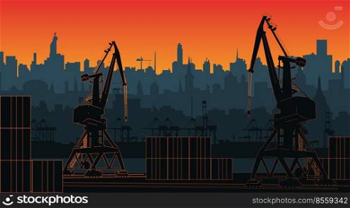 Silhouette commercial port with containers and cargo cranes, city skyline on background with sunset sky. Cityscape and cargo port with cranes. Vector illustration.. Silhouette commercial port with containers and cargo cranes, city skyline on background with sunset sky. Cityscape and cargo port with cranes.