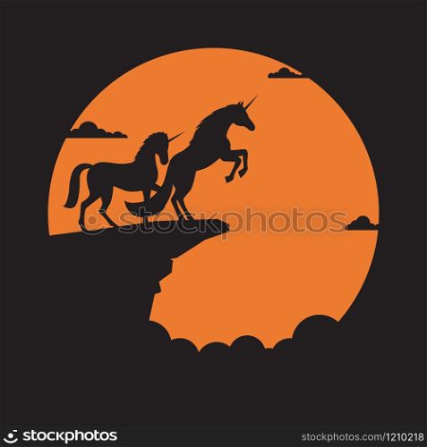 Silhouette couple unicorn horse on cliff with sunset background, Symbol of achievement, Concept of love, Vector illustration flat