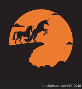 Silhouette couple unicorn horse on cliff with sunset background, Symbol of achievement, Concept of love, Vector illustration flat