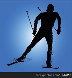 Silhouette cross country skiing isolated on blue background. Vector illustrations