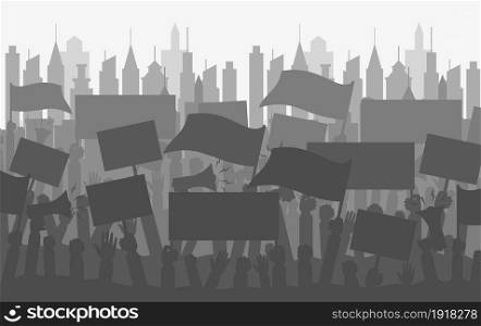 Silhouette crowd of people protesters. Protest, revolution, conflict. Flat vector illustration. Silhouette crowd of people protesters.
