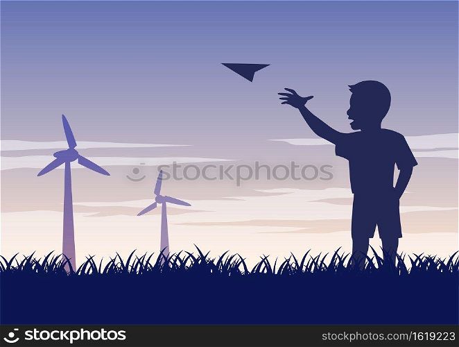 silhouette design of boy play paper plane,vector illustration