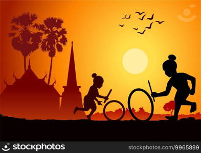 silhouette design of boys hitting wheels,vector illustration