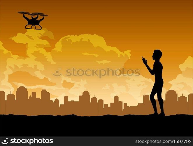 silhouette design of man is playing drone,vector illustration