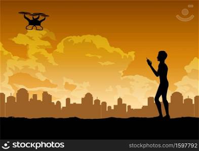 silhouette design of man is playing drone,vector illustration