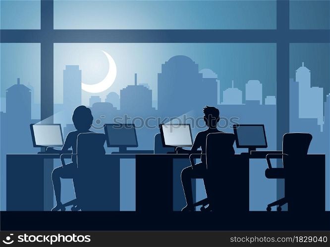 Silhouette design of office workers doing works over time at night,vector illustration