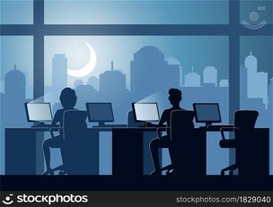 Silhouette design of office workers doing works over time at night,vector illustration