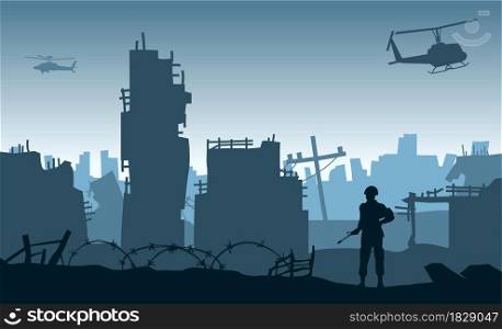Silhouette design of soldier standing and hold gun in the city after of the war,vector illustration
