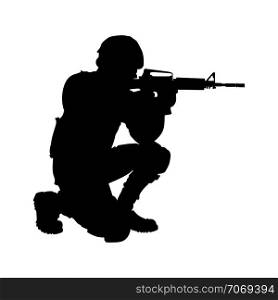 Silhouette drawing. The soldier looks into the sight of the machine.