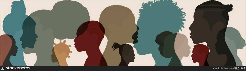 Silhouette face head in profile ethnic group of black African and African American men and women. Identity concept - racial equality and justice. Racial discrimination. Racism
