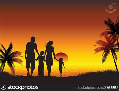 Silhouette family standing at sunset