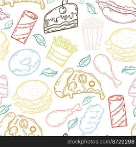 Silhouette fast food seamless pattern vector illustration. Traditional American food background. Print ready food for packaging, paper, textile and product design, menu and cafe