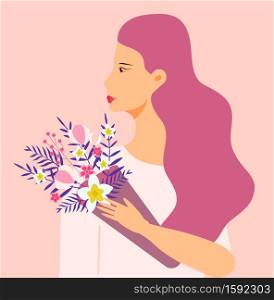 Silhouette girl profile concept vector. Woman with long hair and holding a bouquet of tropical flowers. Love yourself illustration. Valentine or woman&rsquo;s day invitation poster, banner.. Silhouette girl profile concept vector. Woman with long hair and holding a bouquet of tropical flowers. Love yourself illustration. Valentine or woman s day invitation poster