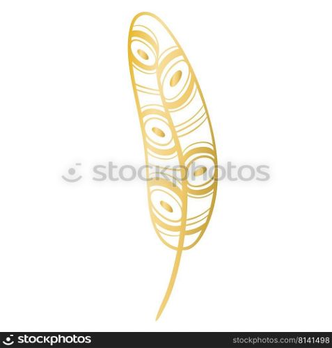 Silhouette golden boho feather decorated with circles isolated vector. Beautiful subject for writing and creativity. Literature and writing symbol, gold icon clipart