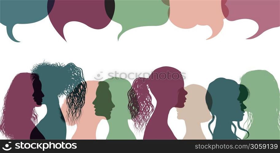Silhouette group multiethnic women who talk and share ideas and information. Communication and friendship women or girls diverse cultures. Women social network community. Speech bubble
