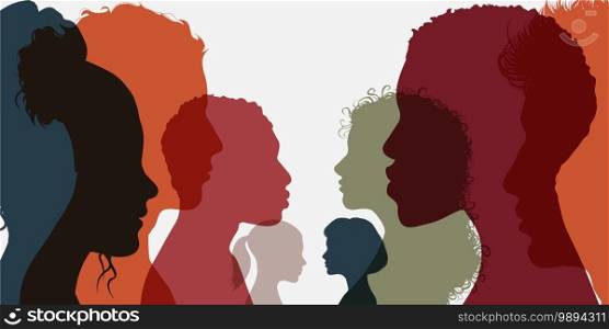 Silhouette group of men and women of diverse culture standing together in front of the other. Diversity multi-ethnic and multiracial people. Concept racial equality and anti-racism