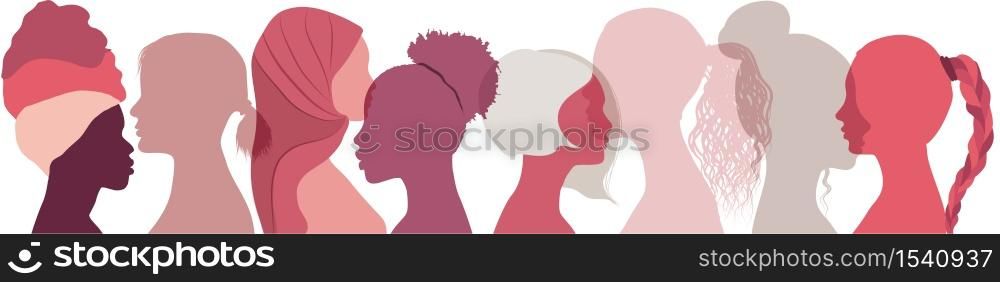 Silhouette group of multiethnic women who talk and share ideas and information. Social network female community. Communication women or girls of diverse cultures. Protest. Feminism