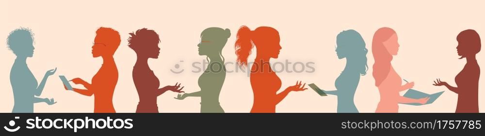 Silhouette group of multiethnic women who talk and share ideas and information. Businesswomen of diverse cultures social network community. Communication and friendship. Racial equality