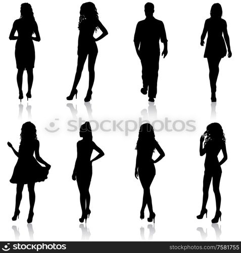 Silhouette Group of People Standing on White Background.. Silhouette Group of People Standing on White Background