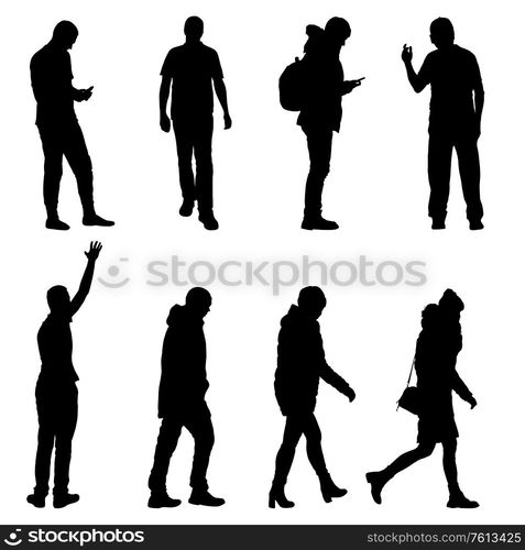 Silhouette Group of People Standing on White Background.. Silhouette Group of People Standing on White Background