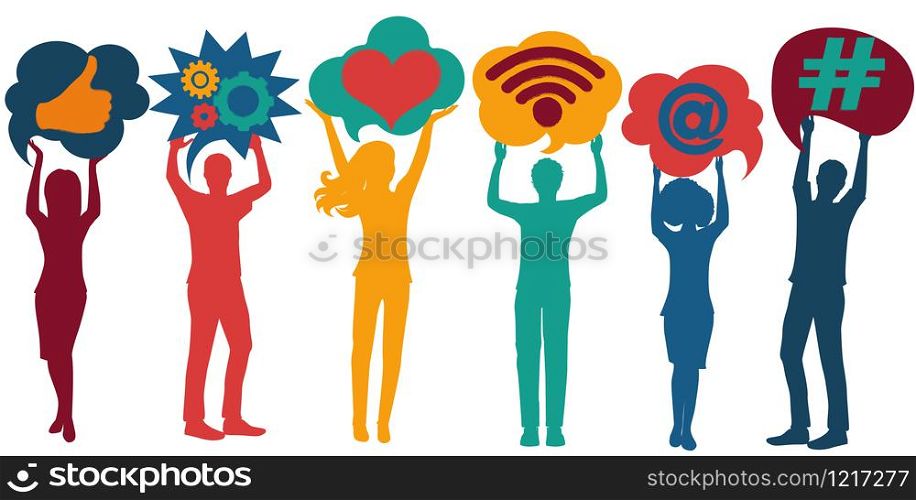 Silhouette group of people talking and sharing ideas and information.Speech bubble.Social network.Social media concept.Community.App symbols for influencers.Trend communication.Followers
