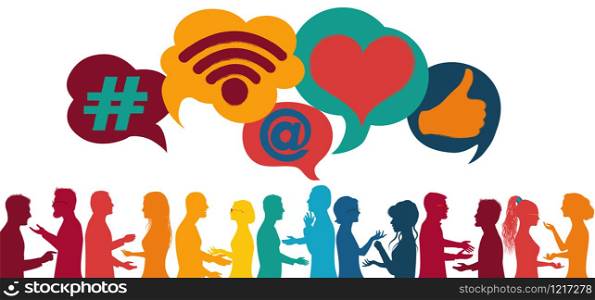 Silhouette group of people talking and sharing ideas.Speech bubble.Social media concept. App symbols for bloggers and influencers.Community.Social network.Modern communication.Followers