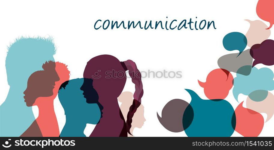 Silhouette heads multiethnic people in profile talking and communicating.Communication text. Speech bubble. Communicate and share ideas and information on social networks.Community. Speak