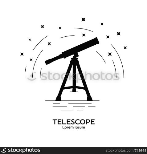 Silhouette icon of telescope. Telescope logo. Space exploration and adventure symbol. Concept of world explore. Clean and modern vector illustration for design, web.