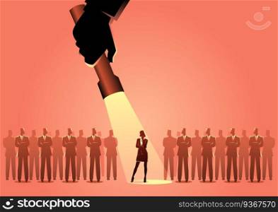 Silhouette illustration of a businesswoman being flash lighted among businessmen. Stand out from the crowd, promotion, candidate, chosen, career, business concept