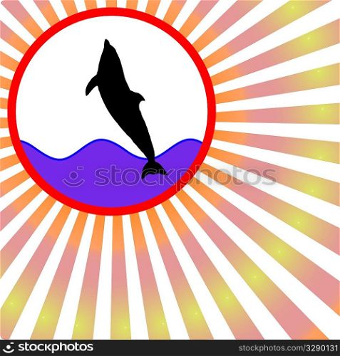 silhouette jumping dolphin against colorful radial rays background