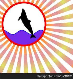 silhouette jumping dolphin against colorful radial rays background