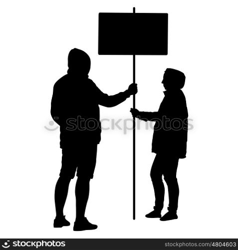 Silhouette man and woman hold banner on a pole, vector illustration.