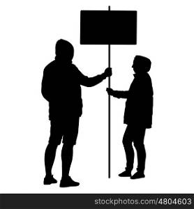Silhouette man and woman hold banner on a pole, vector illustration.