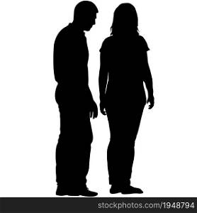 Silhouette man and woman stand side by side and talk.. Silhouette man and woman stand side by side and talk