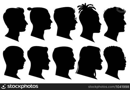 Silhouette man heads in profile. Black face outline avatars, professional male profiles anonymous portraits with hairstyle, vector facing shadow isolated set. Silhouette man heads in profile. Black face outline avatars, professional male profiles anonymous portraits with hairstyle, vector set