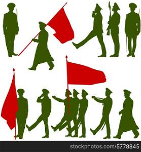 Silhouette military people with flags collection. Vector illustration.